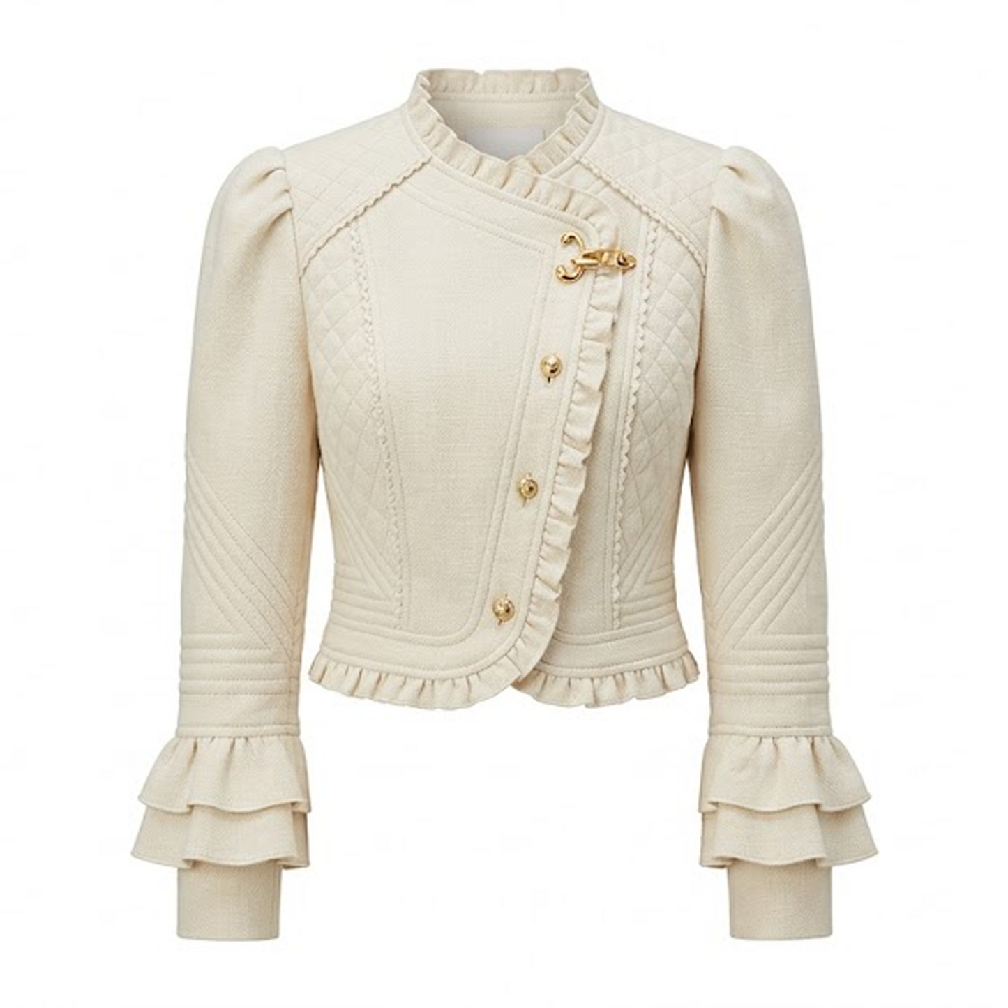 Vintage Quilted Cream Cropped Jacket – Romantic Victorian-Inspired Ruffle Trim Blazer with Gold Toggle Closure & Tiered Bell Sleeves