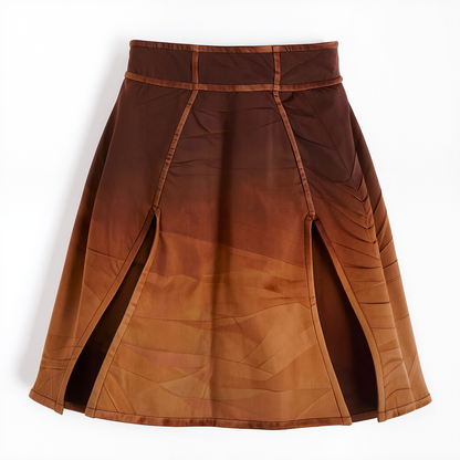 Desert Sunset Ombre Midi Skirt – Boho Earth-Tone Pleated A-Line Skirt with Painterly Gradient Print
