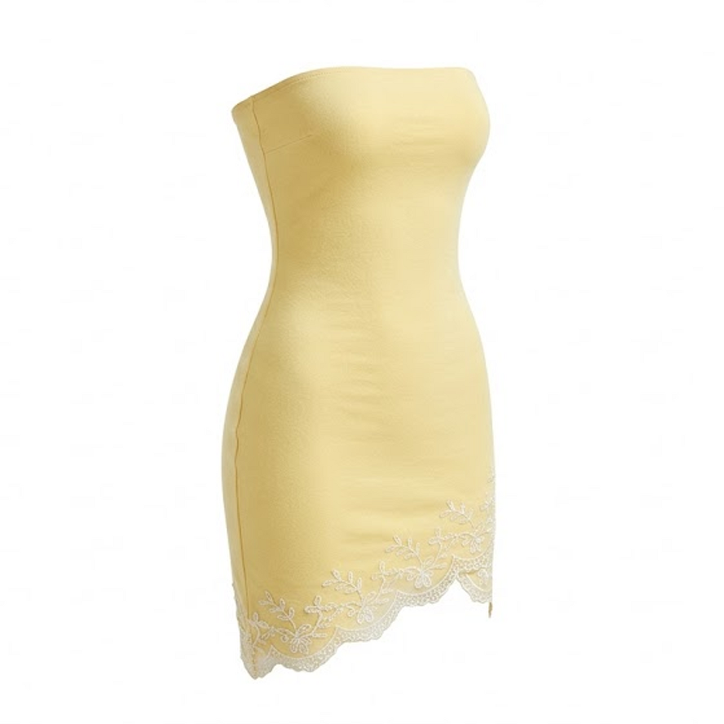 Buttercream Yellow Strapless Mini Dress – Romantic Bodycon Tube Dress with Floral Lace Embroidered Asymmetric Scalloped Hem