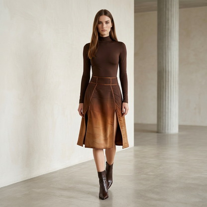 Desert Sunset Ombre Midi Skirt – Boho Earth-Tone Pleated A-Line Skirt with Painterly Gradient Print