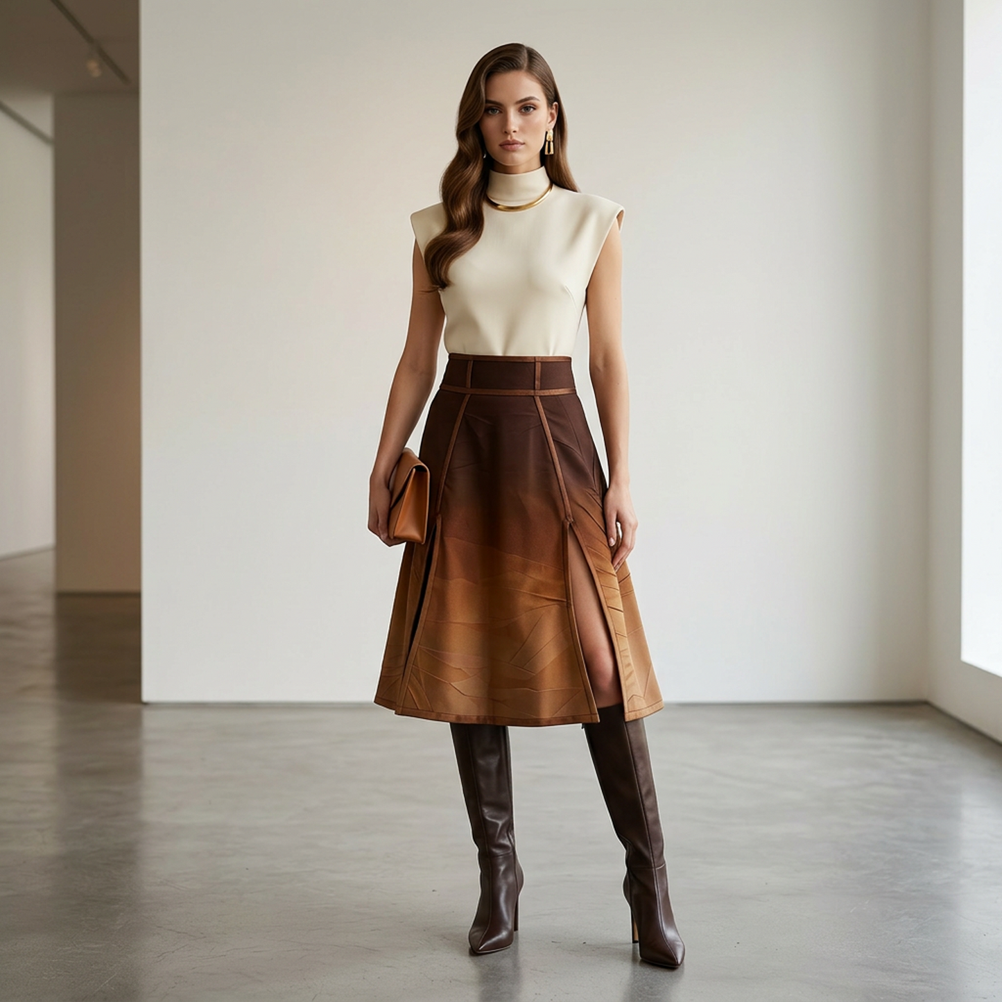 Desert Sunset Ombre Midi Skirt – Boho Earth-Tone Pleated A-Line Skirt with Painterly Gradient Print