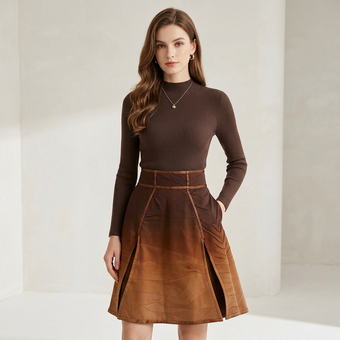 Desert Sunset Ombre Midi Skirt – Boho Earth-Tone Pleated A-Line Skirt with Painterly Gradient Print