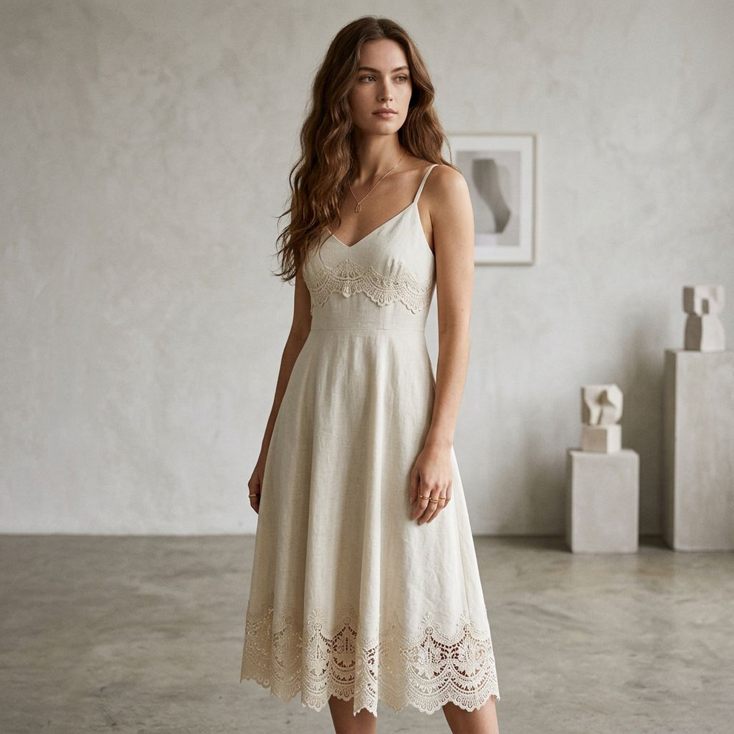 Ivory Linen-Blend Cami Midi Dress with Scalloped Lace Hem