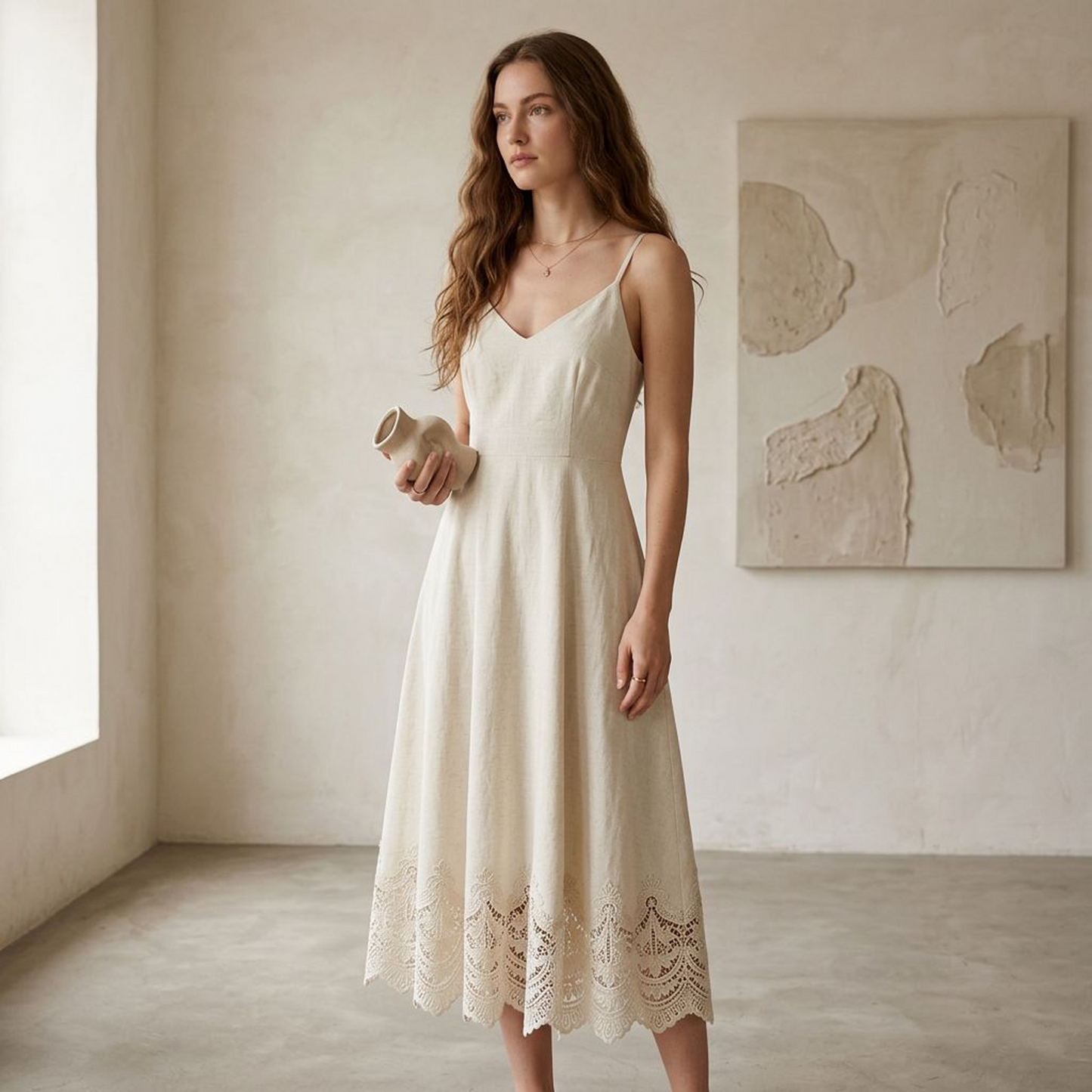 Ivory Linen-Blend Cami Midi Dress with Scalloped Lace Hem