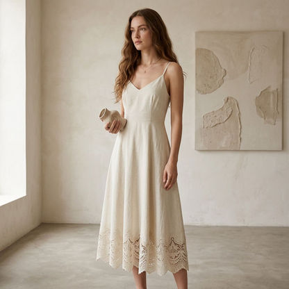 Ivory Linen-Blend Cami Midi Dress with Scalloped Lace Hem