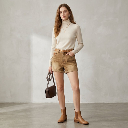 High-Waisted Vintage Tan Denim Shorts – Sun-Washed Mom Shorts with Cuffed Hem & Classic Five-Pocket Design