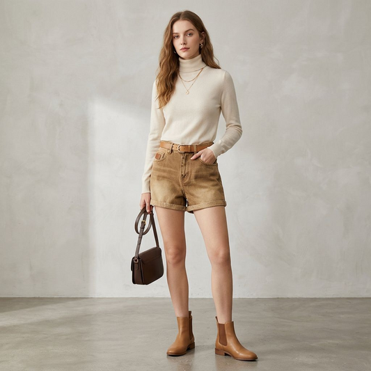 High-Waisted Vintage Tan Denim Shorts – Sun-Washed Mom Shorts with Cuffed Hem & Classic Five-Pocket Design