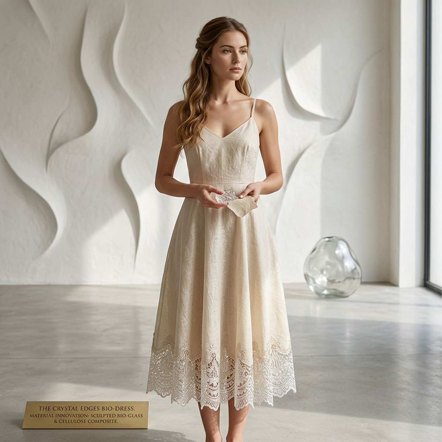 Ivory Linen-Blend Cami Midi Dress with Scalloped Lace Hem