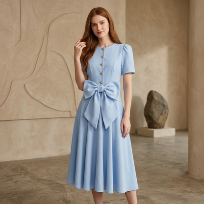 Light Blue Puff-Sleeve Midi Dress with Statement Waist Bow