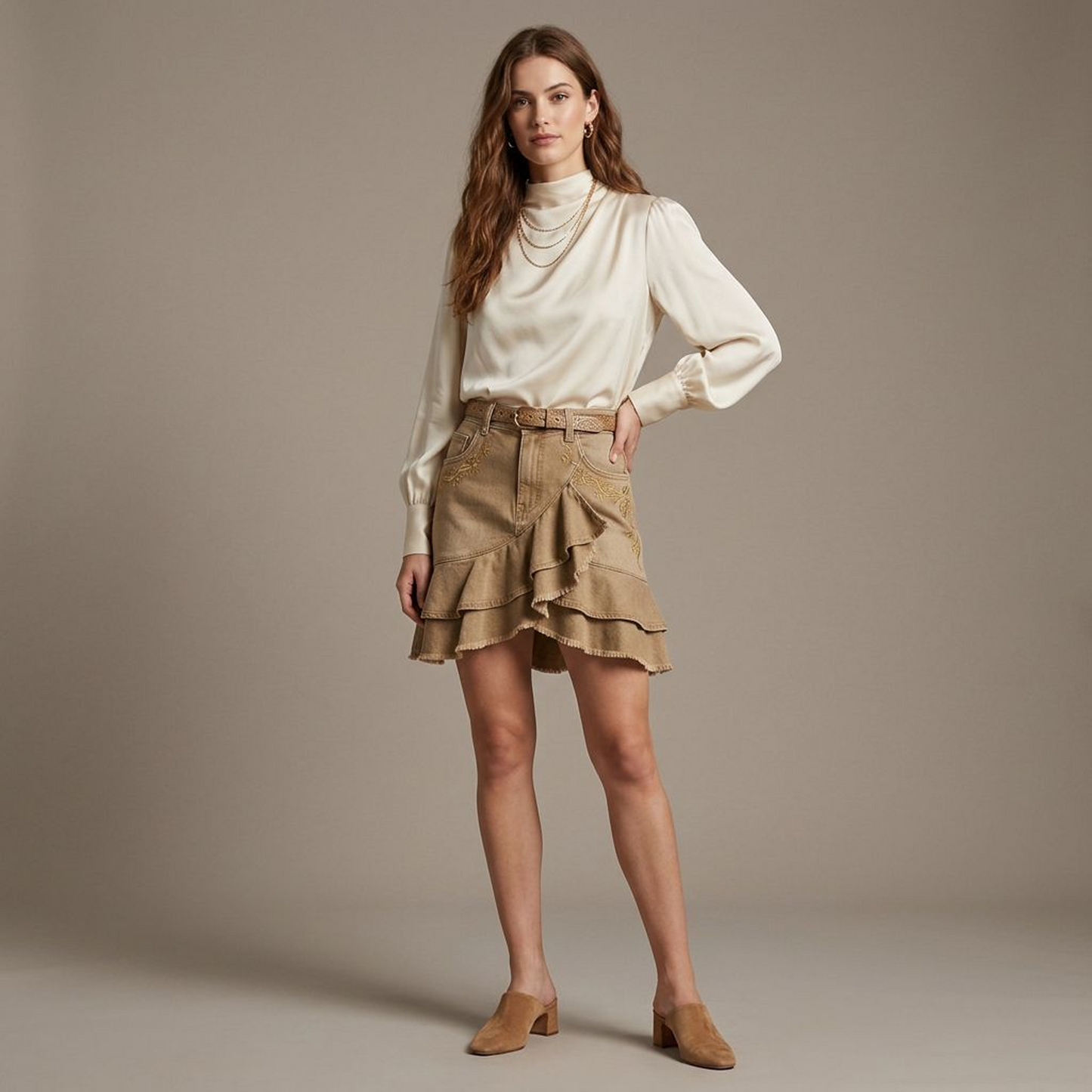 Abstract Brushstroke Denim Pencil Skirt – Vintage Light Wash Midi Skirt with Artistic Painterly Print & Cream Overlay