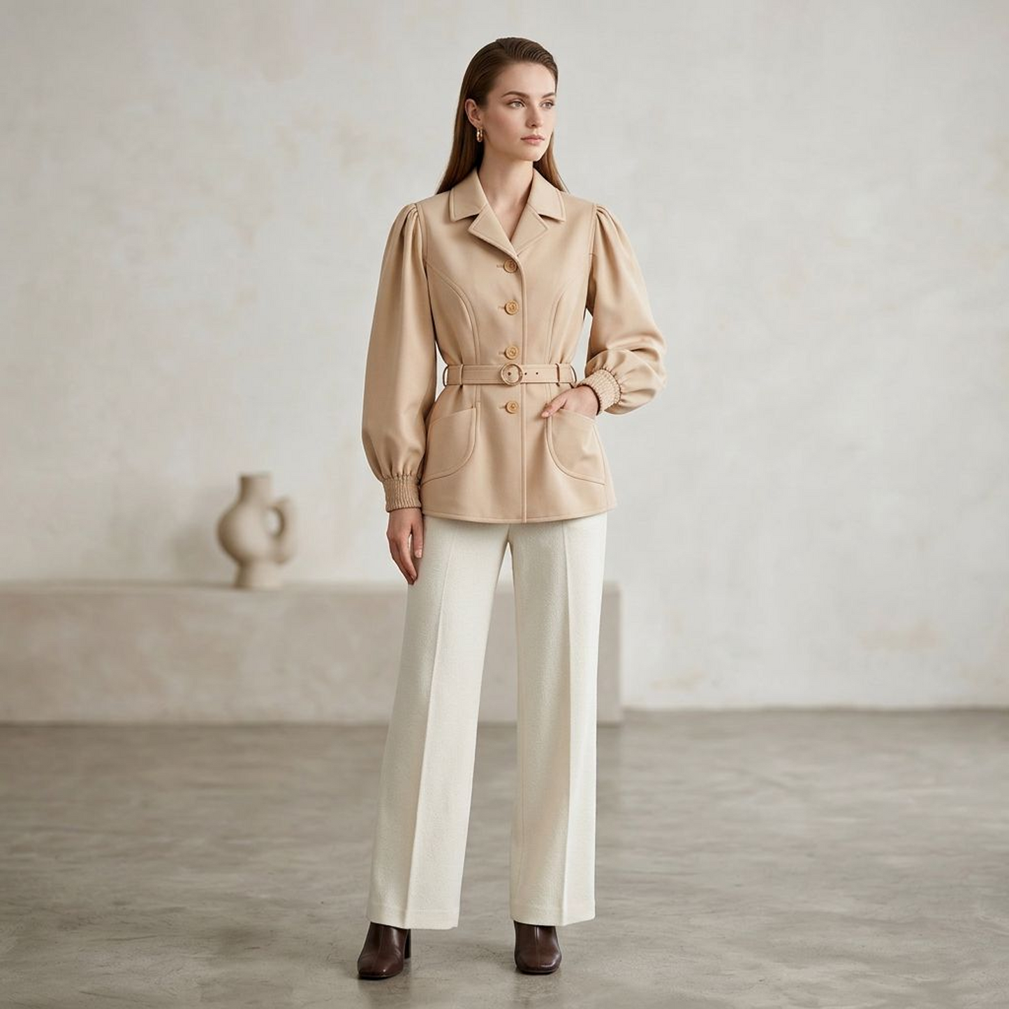 Vintage Camel Belted Peplum Blazer – Elegant 1940s-Inspired Notched Lapel Jacket with Puff Sleeves & Patch Pockets