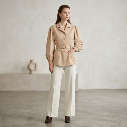 Vintage Camel Belted Peplum Blazer – Elegant 1940s-Inspired Notched Lapel Jacket with Puff Sleeves & Patch Pockets