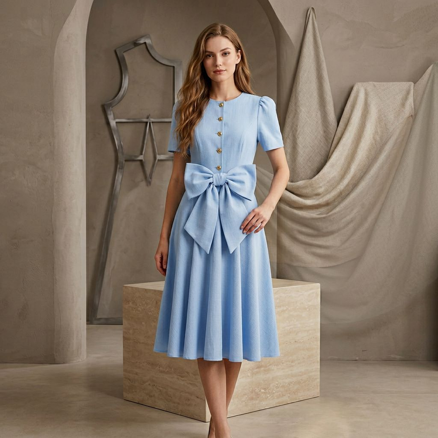 Light Blue Puff-Sleeve Midi Dress with Statement Waist Bow