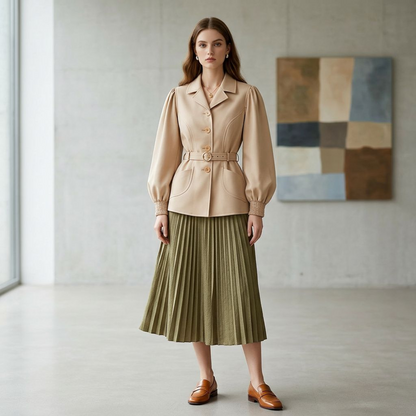 Vintage Camel Belted Peplum Blazer – Elegant 1940s-Inspired Notched Lapel Jacket with Puff Sleeves & Patch Pockets
