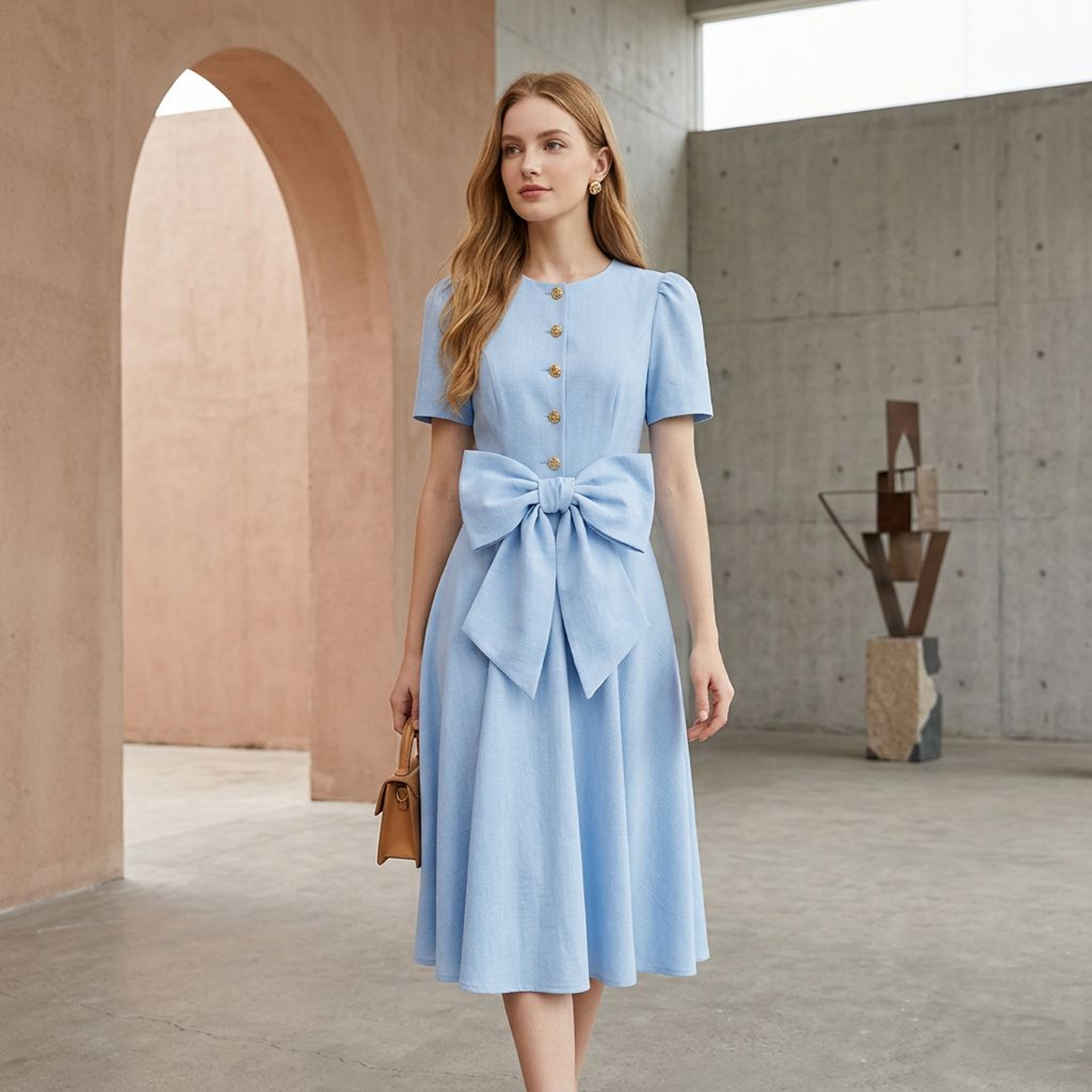 Light Blue Puff-Sleeve Midi Dress with Statement Waist Bow