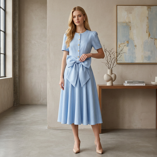 Light Blue Puff-Sleeve Midi Dress with Statement Waist Bow